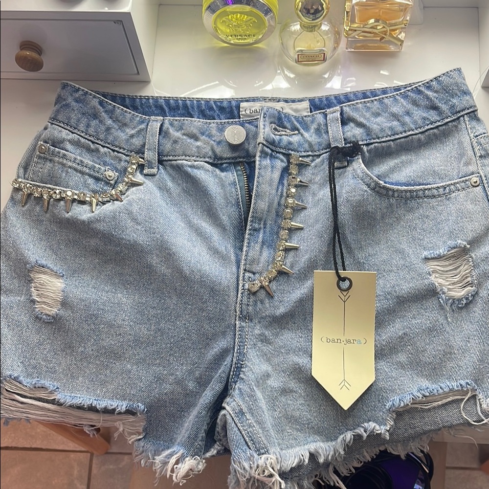 Light Blue Denim Shorts with Studded Detail